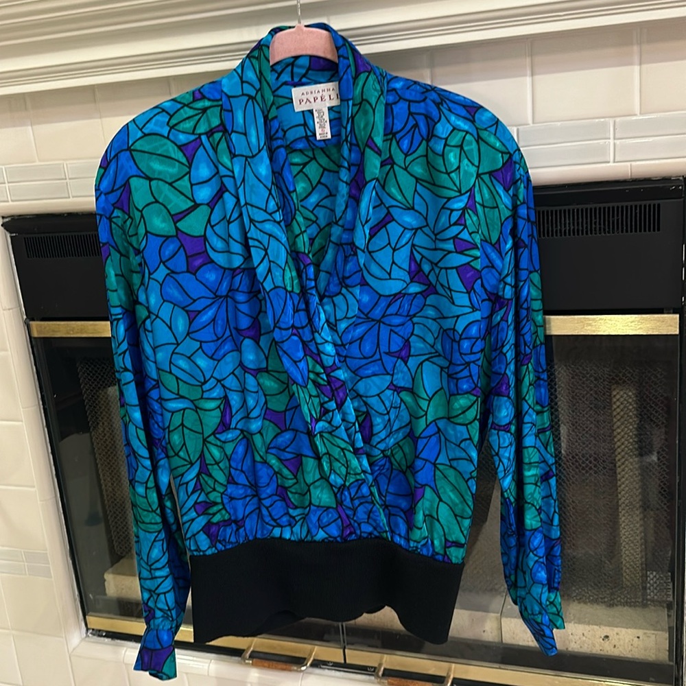 Adrianna Papell 1980’s Silk Top w/stretch band at waist-Green Blue Purple Size 6